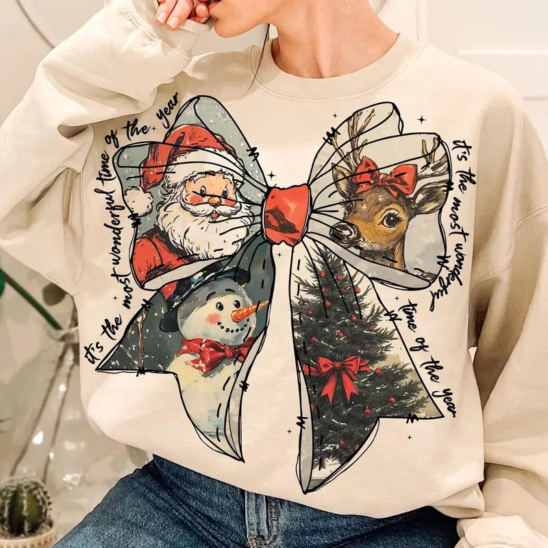 It's The Most Wonderful Time of The Year Coquette Christmas Bow Sweater, Vintage Santa Claus Christmas, Xmas Coquette Bow, Reindeer Snowman Xmas Gift