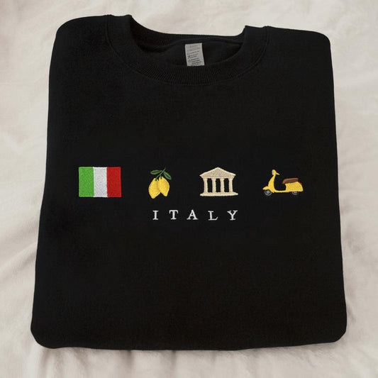 Italy Embroidered Sweatshirt, Cozy, Comfortable Crewneck, Black, Flag, Lemon, Travel, Summer, Winter, Vespa Scooter, Europe, Dolce Vita, Mediterranean, Cotton, Black
