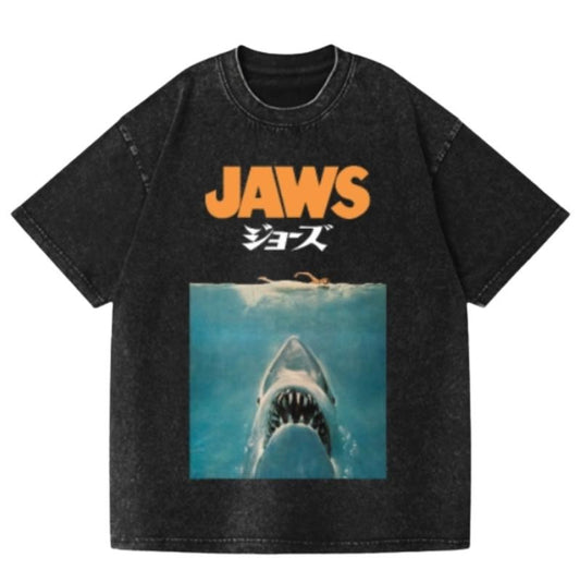 Jaws Shark Vintage Wash Japanese Design T-Shirt, Funny Anime Graphic Tee Shortsleeve Comfort Top