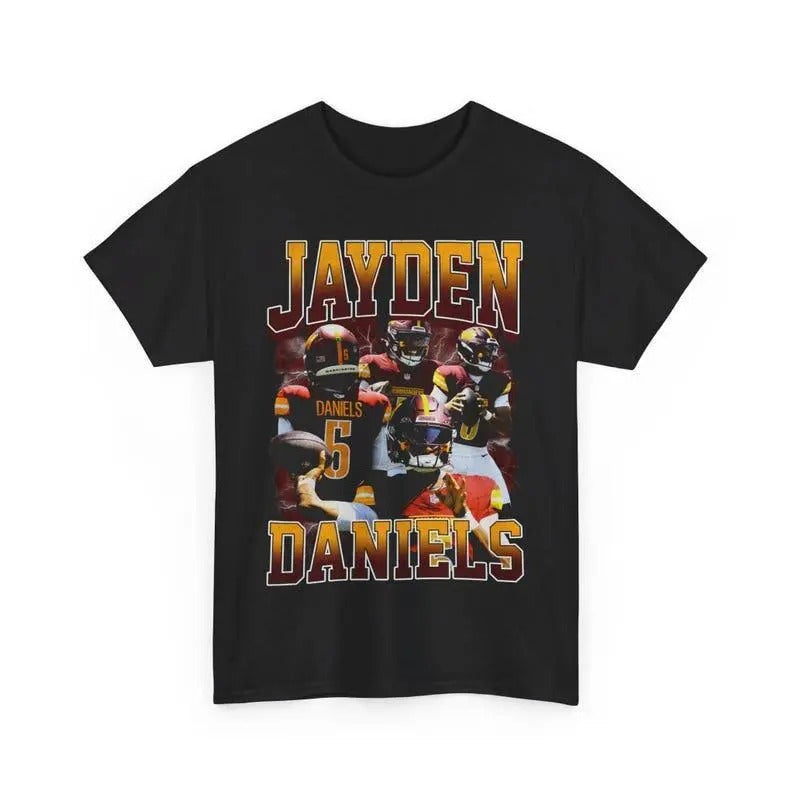 Jayden Daniels Washington Commanders Wwe Style Football T Shirt Classic Cotton Crewneck Fabric