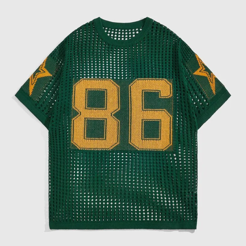 Jersey Shirt Crochet Tops Short Sleeve Letter Print Vintage Lightweight Pullover Sweater