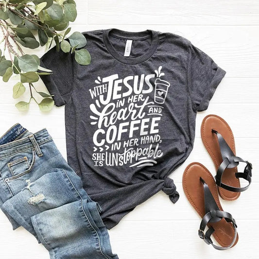 Jesus And Cofee Shirt, Coffee Shirt, Jesus Shirt, Jesus Love T-Shirt, Coffee Lover Shirt, With Jesus In Her Heart And Coffee In Her Hand