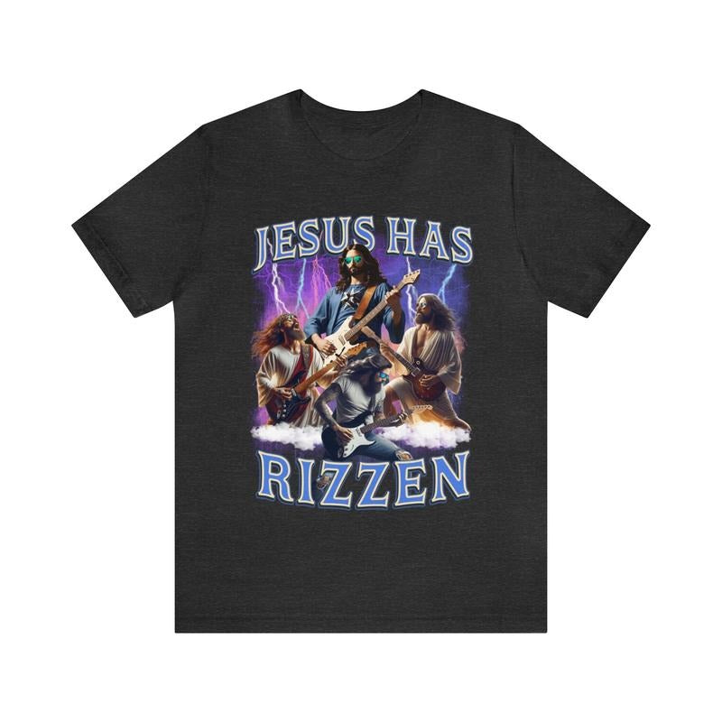 Jesus Has Rizzen Funny Shirt, He Is Rizzin Risen, Rockstar Jesus Shirt, Christian Religious Shirt, Rizz Meme Shirt, Guitar God, Unisex T-Shirt, Gifts For Teenager Adult, Short Sleeve Tee Shirt, Gifts For Birthday Mothers Day Christmas Anniversary
