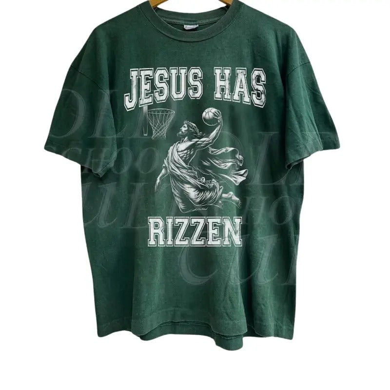 Jesus Has Rizzen Vintage 90s Shirt, Funny Jesus Shirt, Christian Easter Shirt, Easter Gift, Jesus Playing Basketball Top Menswear