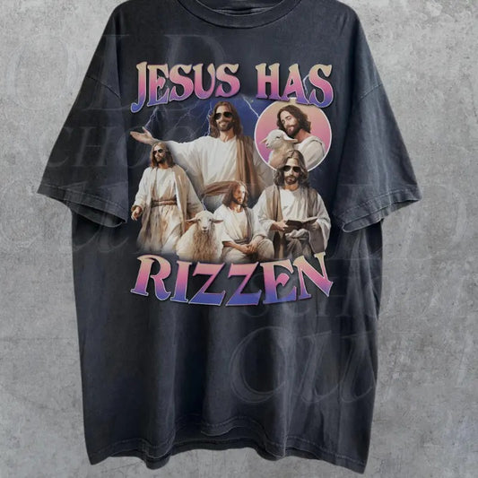Jesus Has Rizzen Vintage T-Shirt, Retro 90s Graphic Shirt, Funny Shirts, Distressed Cotton Shirt, Oversized Bootleg Tees, Gift For Him
