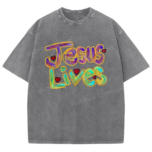 Jesus Lives Washed T-Shirt, Christian t shirts, Christian Jesus  t shirts, Vintage 90s Graphic Tee Gift Cotton Top, Mineral color