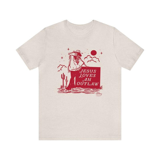 Jesus Loves A Outlaw El Ray Art Unisex Jersey Short Sleeve Tee, Vintage Cowgirl, Vintage Western Fashion, Women Trendy Shirt, Unisex T-Shirt, Short Sleeve Tee Shirt, Gifts For Birthday Mothers Day
