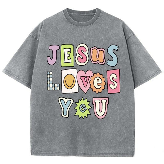 Jesus Loves You Unisex Washed T-Shirt, Christian Tshirts, Vintage 90s Graphic Tee Gift Cotton Top Womenswear, Mineral color