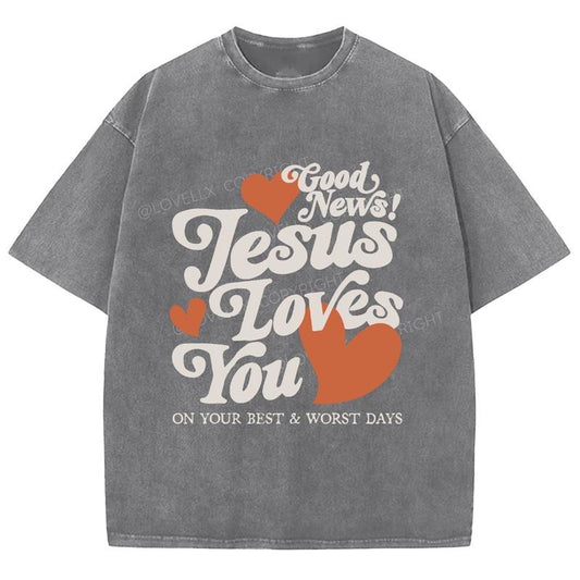 Jesus Loves You Unisex Washed T-Shirt, Christian Tshirts, Vintage 90s Graphic Tee Gift Cotton Top Womenswear, Mineral colorstyle{n002}2