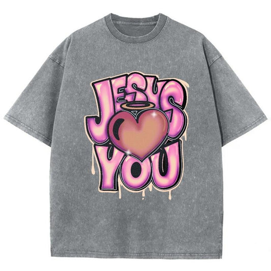 Jesus Loves You Unisex Washed T-Shirt, Christian t shirts, Vintage 90s Graphic Tee Gift Cotton Top Womenswear, Mineral color