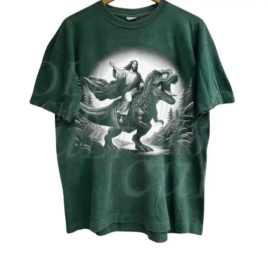 Jesus Riding A Dinosaur Vintage 90s Graphic Shirt, Jesus Hand Drawn Shirt, Christian Easter Tee, T Rex Jesus Shirt, Retro Halftone Y2k Shirt Menswear