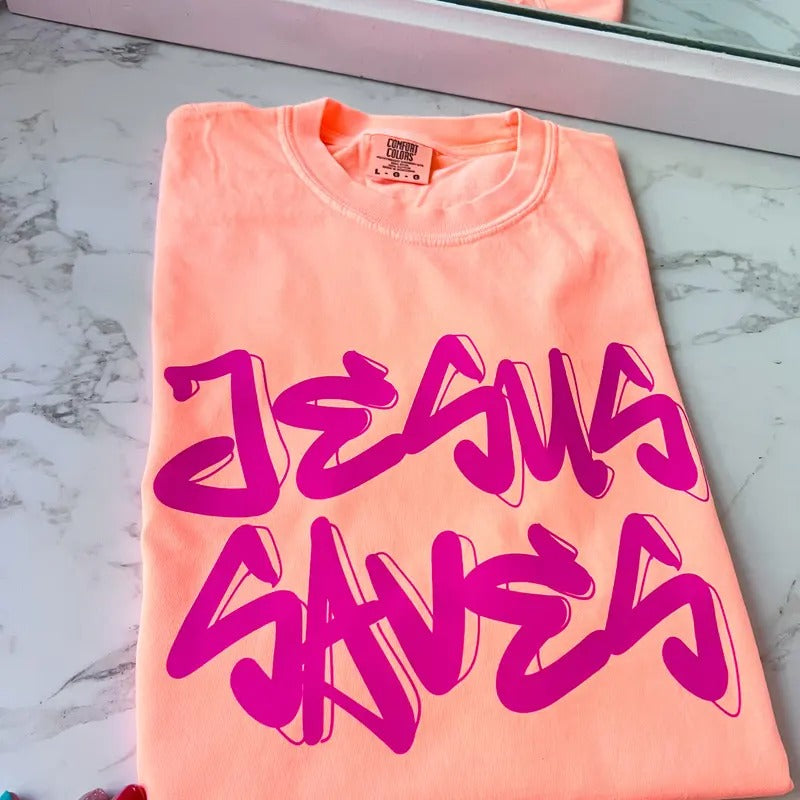 Jesus Saves Front and Back Print Comfy Colors Long or Short Sleeve Graphic Tee Unisex Screen Printed T-Shirt Womenswear Crewneck Casual Tshirt Top