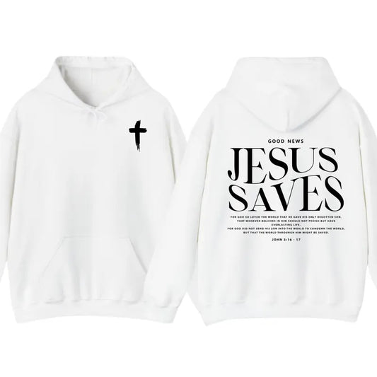 Jesus Saves John 316-17 Front and Back Print Christian Pullover Hoodie Full Color Belief in Jesus Christ Sweatshirt Savior Crewneck Tee for Men Women