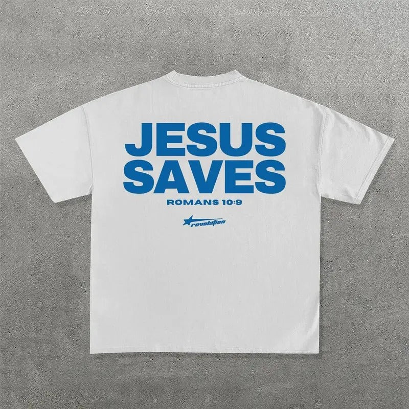 Jesus Saves Print Short Sleeve T-Shirt - Vintage Graphic T-Shirt, Menswear & Womenswear Streetwear