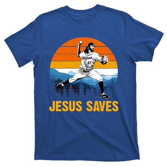 Jesus Saves Retro Baseball Pitcher T-Shirt Menswear Top