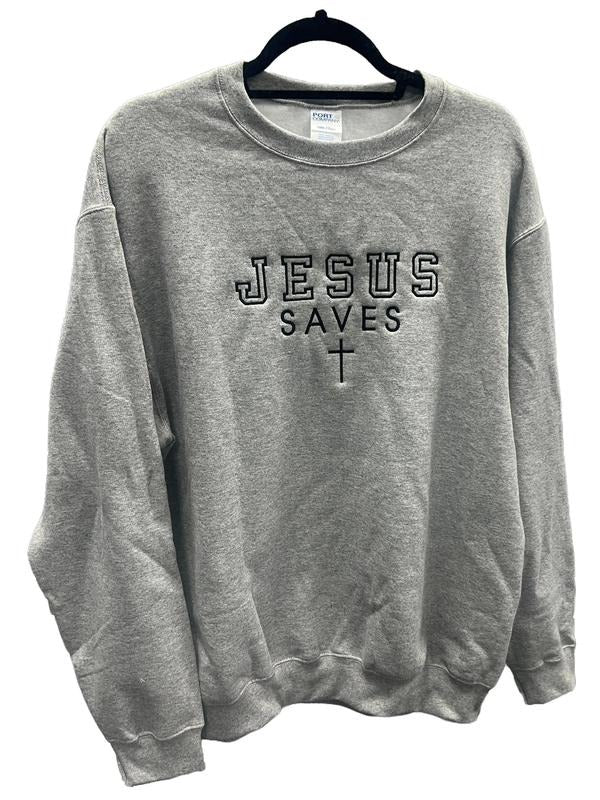 Jesus Saves Simple Cross Black Stitched Logo Christian Faith Hope Love Fleece Pullover Crewneck Sweatshirt