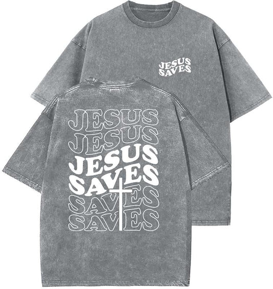 Jesus Saves Unisex Washed T-Shirt, Christian Tshirts, Vintage 90s Graphic Tee, Gift Top Womenswear Cotton Mineral Color