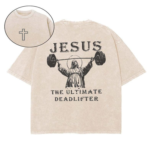 Jesus The Ultimate Deadlifter Washed T-Shirt, Christian t shirts, Vintage 90s Graphic Tee, Gift Top Womenswear Cotton