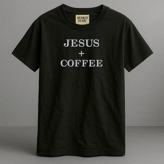 Jesus + Coffee Plus Christian Faith Love of God and Caffeine Embroidered Comfort Colors T-Shirt Relaxed Fit 100% Ring-Spun Cotton Garment-Dyed Heavyweight Tee