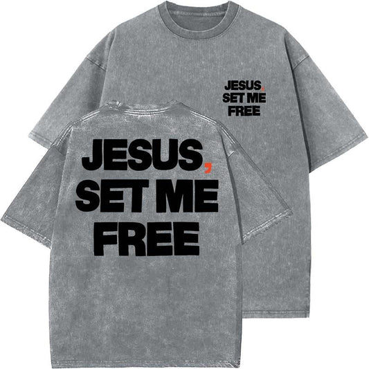 Jesus, Set Me Free Unisex Washed T-Shirt, Christian t shirts, Vintage 90s Graphic Tee, Gift Top Womenswear Cotton Mineral Color