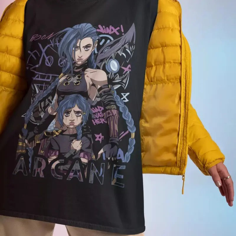 Jinx Arcane T-Shirt Japanese Anime Cartoon Jinx Arcane Graphic Shirt All Size
