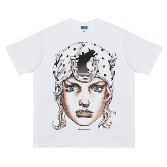 JoJo "Johnny Portrait" Vintage Oversized Tee Anime T-shirt 100% Cotton Original Design Men's Top for Fans Menswear Tshirt Streetwear Crewneck Tropical Shortsleeve Casual men gifts