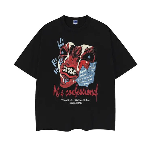 JoJo's Bizarre Adventure "At a Confessional" Heavyweight Vintage Tee 100% Cotton OVERSIZED Anime T-shirt Menswear Top printed shirts slogan tees Tshirt Streetwear Casual Tropical Black Baggy Crewneck Shortsleeve Loose