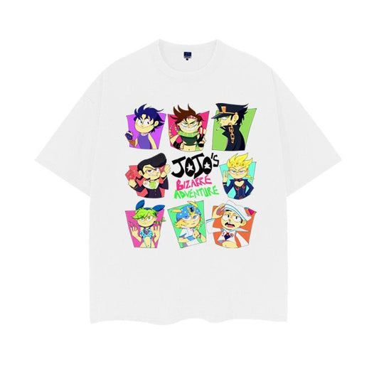 JoJo's Bizarre Adventure "Chibi Version" Heavyweight Vintage Tee 100% Cotton OVERSIZED Anime T-shirt Menswear Top printed shirts crew necks Casual Streetwear White Baggy Crewneck Tshirt Tropical Shortsleeve Loose