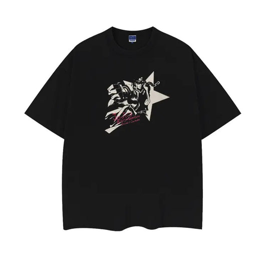 JoJo's Bizarre Adventure "Jotaro Kujo" Heavyweight Vintage Tee 100% Cotton OVERSIZED Anime T-shirt Menswear Top Crew Necks Tshirt Casual Streetwear Black Baggy Crewneck Tropical Shortsleeve Loose