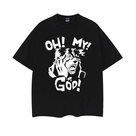 JoJo's Bizarre Adventure "OH MY GOD" Heavyweight Vintage Tee 100% Cotton OVERSIZED Anime T-shirt Menswear Top printed shirts slogan tees Casual Streetwear Black Baggy Crewneck Relaxed Classic Tshirt Tropical Shortsleeve