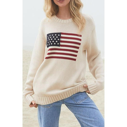 John Galt Women's Nico American Flag Crew Neck Sweater