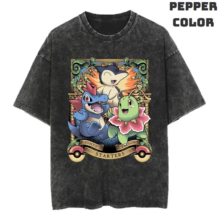 Johto Starters Vintage Graphic Tees, Johto Region Starters T-Shirt, Pokemon Shirts, Vacation Outfits, Unisex Anime Manga Shirt Top Menswear Streetwear