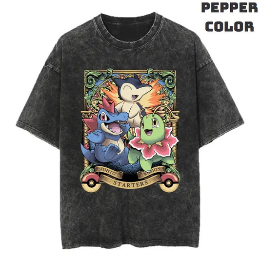 Johto Starters Vintage Graphic Tees, Johto Region Starters T-Shirt, Pokemon Shirts, Vacation Outfits, Unisex Anime Manga Shirt Top Menswear Streetwear