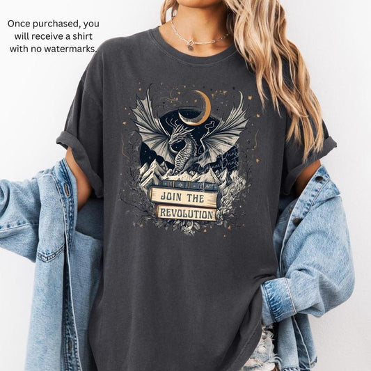 Join the Revolution Book Dragon Shirt, Unisex Tshirt Bookish Merch, Book Lover Gift, Reading Gift, Fourth Wing Merch Shirtstyle{n002}2