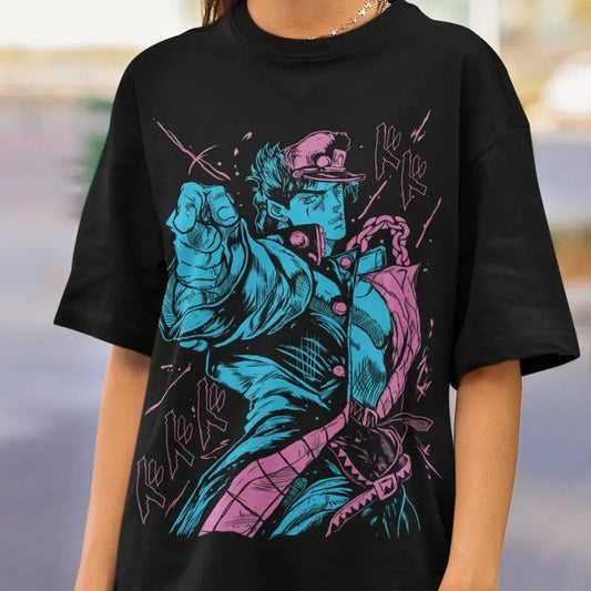 Jotaro Kujo Neon Style - Ora Ora Ora - Jotaro in Neon JoJo's Bizarre Adventure Anime T-Shirt - Japanese Anime, Birthday Gift