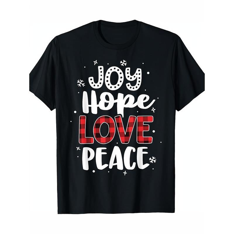 Joy Hope Love Peace Red Oxford Cloth Christmas Mom Women's T-Shirt - Premium Cotton, Illustrator Printed T-Shirt, DIY Multipurpose Goods, Spring, Summer, Autumn and Winter, Best Gift Ideas for Halloween, Christmas, Thanksgiving Made in USA