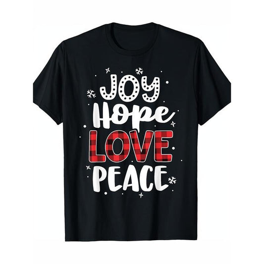 Joy Hope Love Peace Red Oxford Cloth Christmas Mom Women's T-Shirt - Premium Cotton, Illustrator Printed T-Shirt, DIY Multipurpose Goods, Spring, Summer, Autumn and Winter, Best Gift Ideas for Halloween, Christmas, Thanksgiving Made in USA