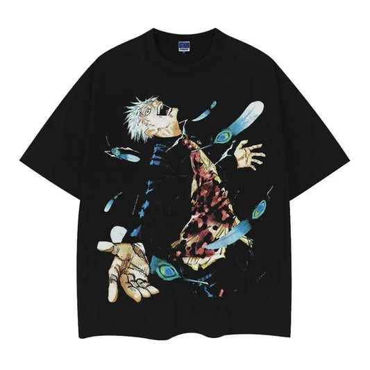 Jujutsu Kaisen "Satoru Gojo Full Color" Heavyweight Vintage Tee 100% Cotton OVERSIZED Anime T-shirt Menswear Top Casual Streetwear Black Baggy Crew Necks Tshirt