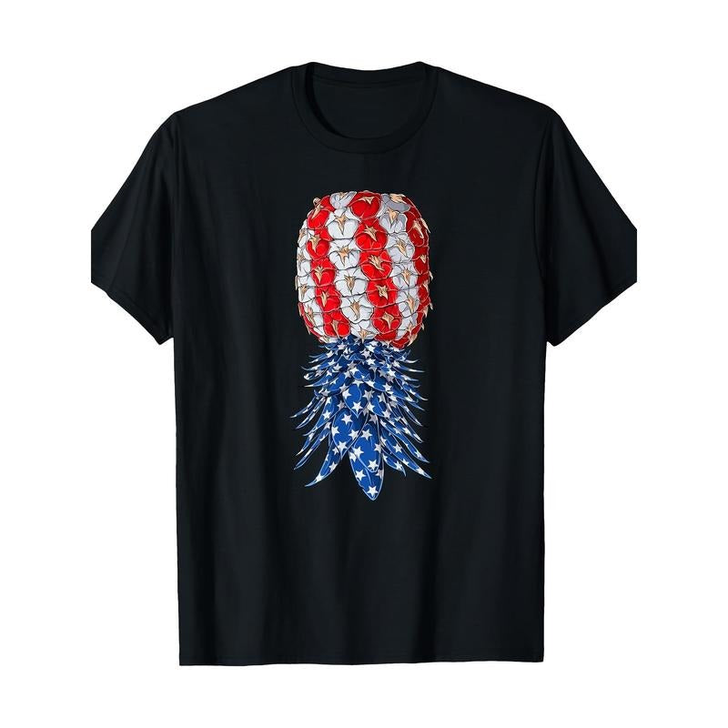 July Love Patriotic Pineapple Print Cotton T-Shirt for Men - Breathable, Crew Neck, Short Sleeve | Perfect for Summer & Outdoor Activities made in usa