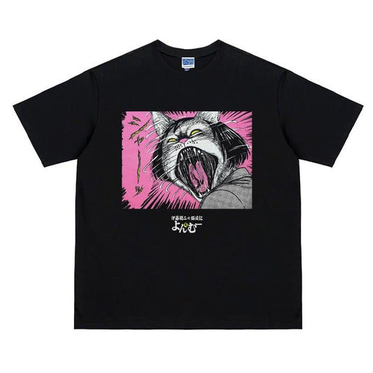 Junji Ito "Cat Diary" Heavyweight Vintage Tee 100% Cotton OVERSIZED Anime T-shirt Menswear Top Crew Necks Tshirt Casual Streetwear Black Crewneck Tropical Shortsleeve