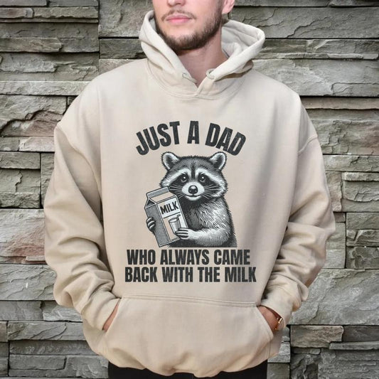 Just A Dad Who Came Back With The Milk Father's Day Raccoon Shirt, Funny Dad Sweatshirt, Animal Lovers Gift, Unisex Crewneck Pullover Tee, Crewneck Top