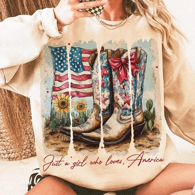 Just A Girl Who Loves America Sweatshirt, America Western 4th Of July Tee, Cowgirl USA 4th of July Shirt, Memorial Day Gift