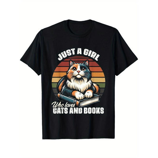 Just A Girl Who Loves Books And Cats Animal Kitten Reading T-Shirt Comfortable leisure sports Halloween Christmas gift Made in USA
