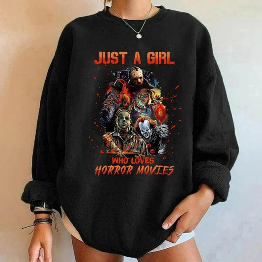 Just A Girl Who Loves Horror Movies Sweatshirt, Halloween Movie Characters Sweater, Scary Friends Shirt, Halloween  Movie Sweater