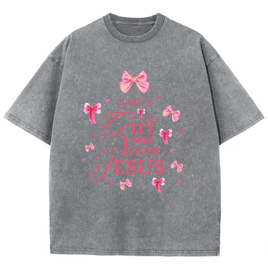 Just A Girl Who Loves Jesus Unisex Washed T-Shirt, Christian Jesus  t shirts, Vintage 90s Graphic Tee Gift Cotton Top Womenswear Bottom