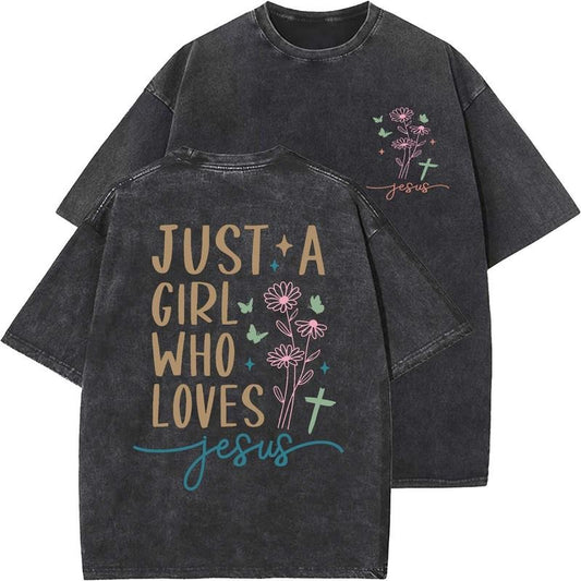 Just A Girl Who Loves Jesus Unisex Washed T-Shirt, Christian t shirts, Vintage 90s Graphic Tee, Gift Top Womenswear Cotton Mineral Colorstyle{n002}2