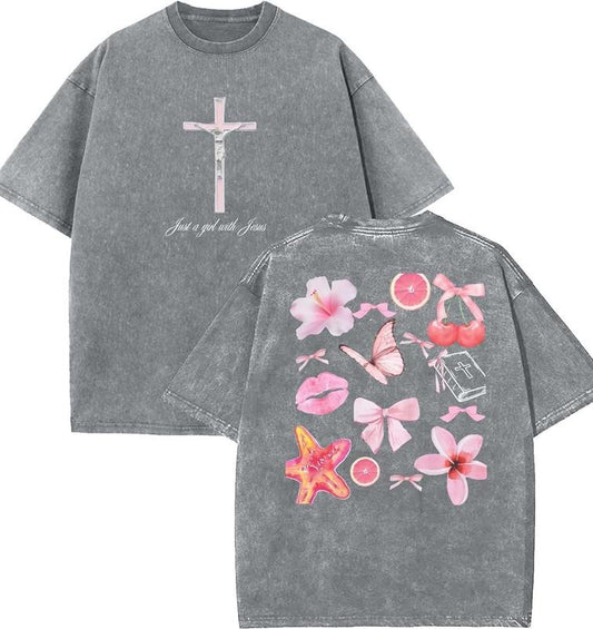 Just A Girl With Jesus Unisex Washed T-Shirt, Christian t shirts, Vintage 90s Graphic Tee, Gift Top Womenswear Cotton