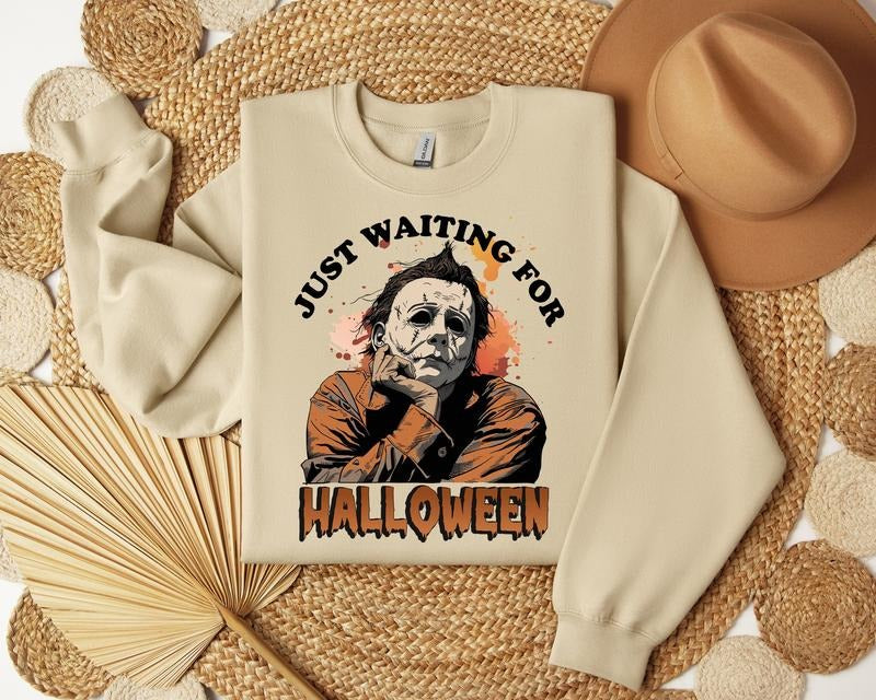 Just Waiting For Halloween Sweatshirt, Retro Horror Characters Halloween T-shirt, Gifts for Halloween, Spooky Season Shirt, Halloween Shirt