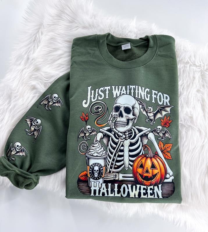 Just Waiting for Halloween Skeleton Graphic Sweatshirt Unisex  Womenswear Crewneck Casual Tshirt Top with Sleeve Print