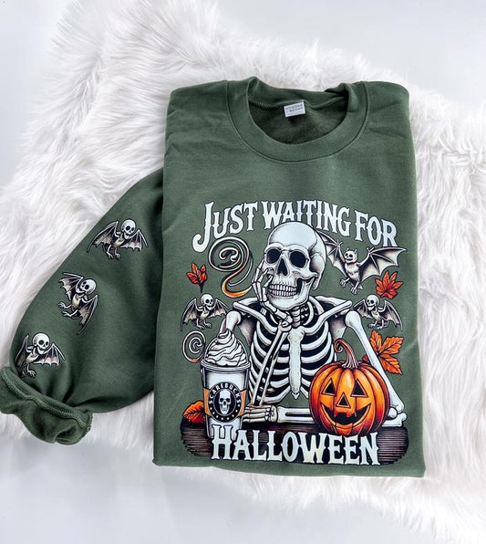 Just Waiting for Halloween Skeleton Graphic Sweatshirt Unisex  Womenswear Crewneck Casual Tshirt Top with Sleeve Print